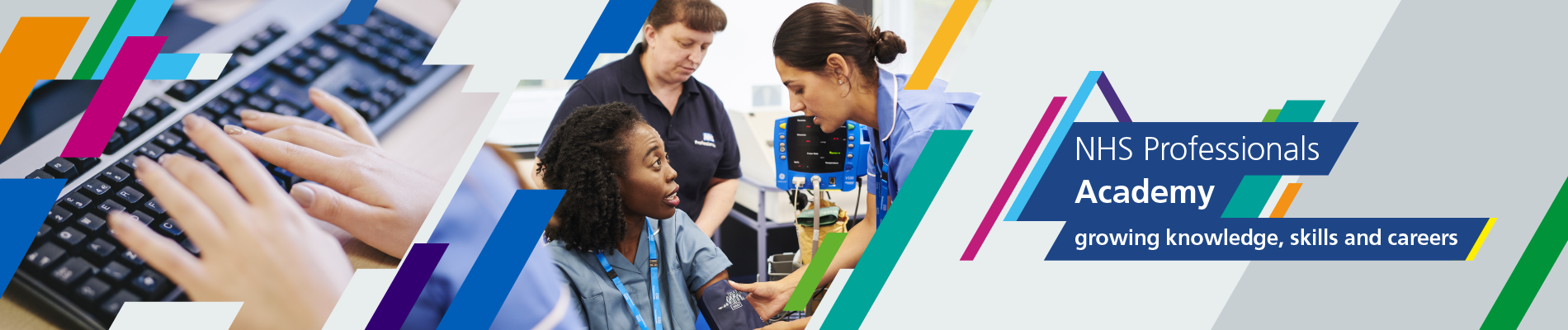 Branded page banner showing hands on a computer keyboard and a group of three clinicians in uniform with a blood pressure monitor.