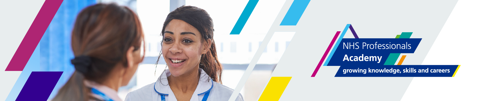 Branded page banner showing fingers on a laptop keyboard and text that reads NHS Professionals Academy: growing knowledge, skills and careers.